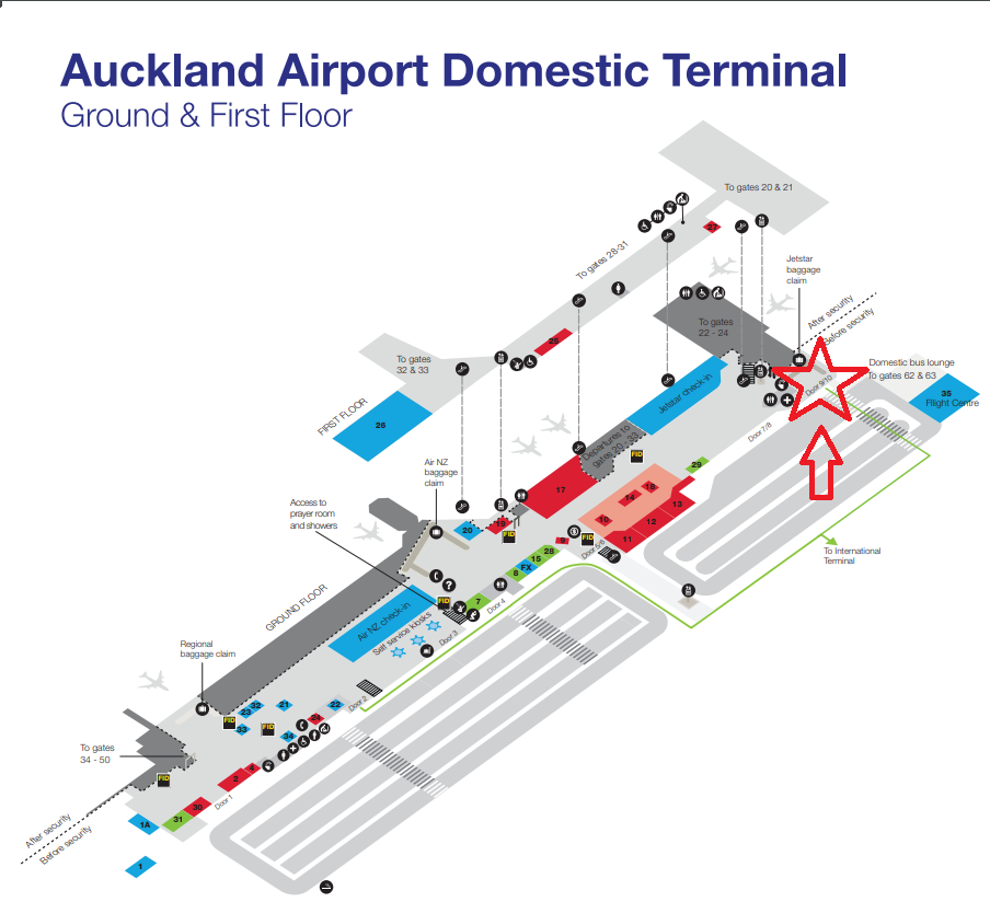 Map of Auckland Airport Domestic Terminal illustrating ground and first floors with gate locations, baggage claim areas, security points, airline lounges, parking, and pathways to international terminal.