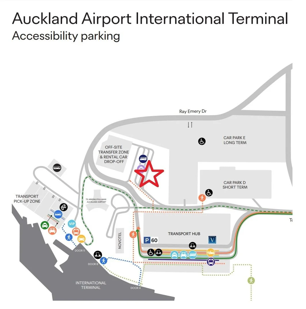 Map of Auckland Airport International Terminal showing parking zones, transportation options, and key locations including the transport hub, transfer zone, and off-site rental car area.