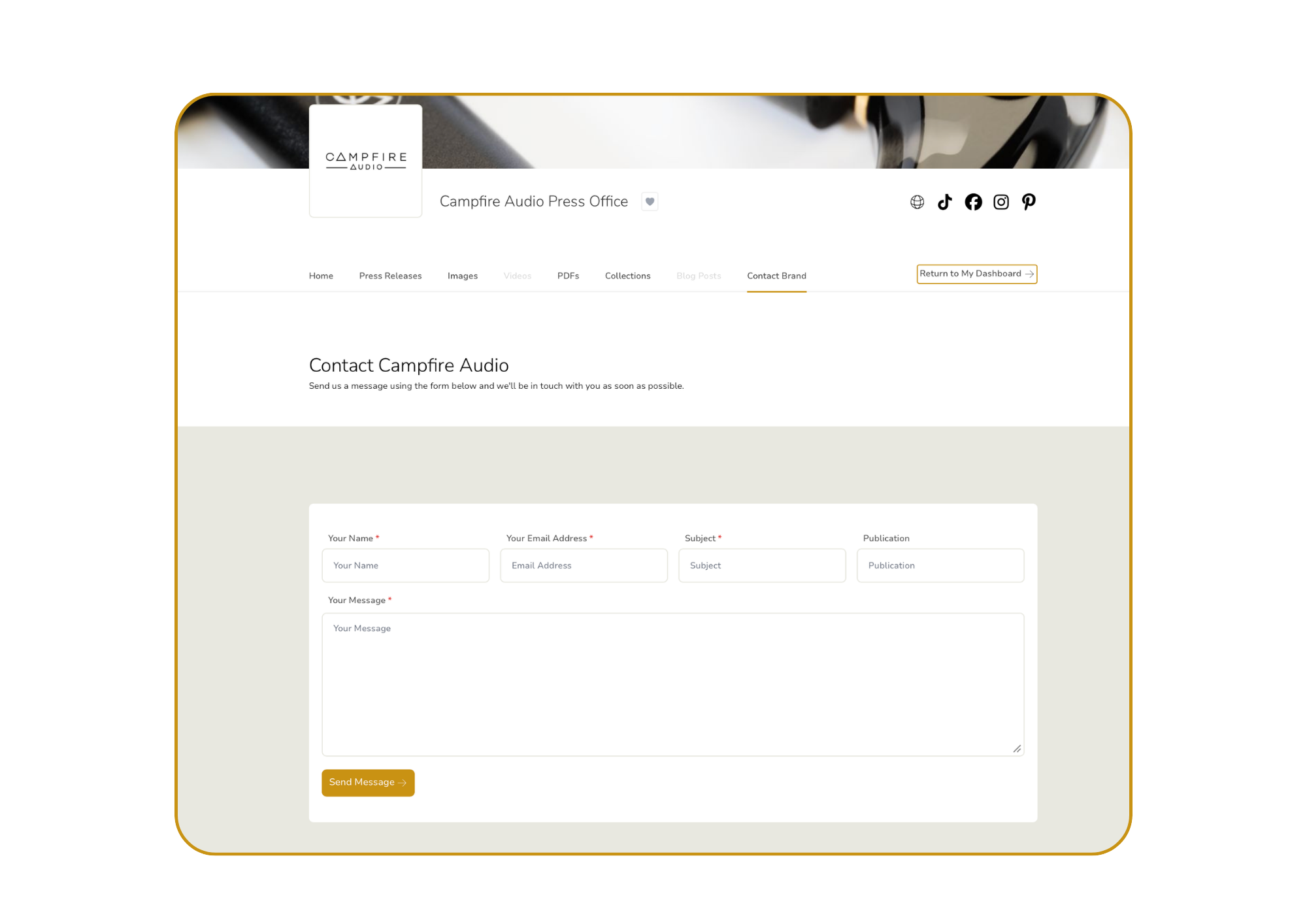 Screenshot of a website titled 'Campfire Audio Press Office' showing navigation links, a contacts form, and social media icons.