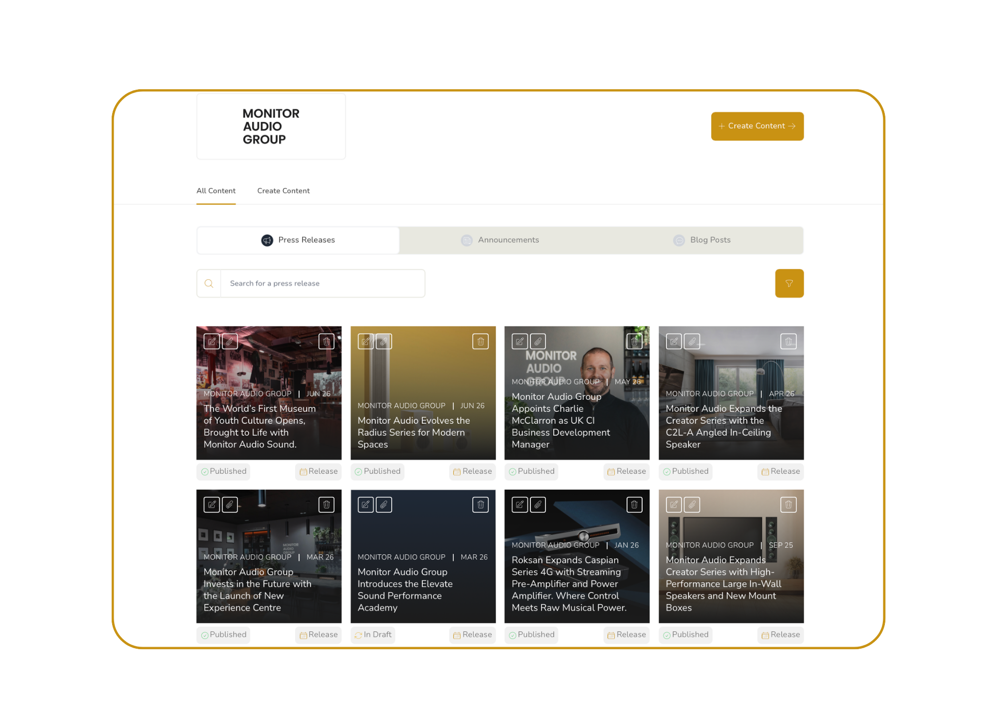 Screenshot of a digital content management interface titled 'Monitor Audio Group,' showing a list of news articles, their publication status, and categories, with options to create new content and filter or search existing articles.