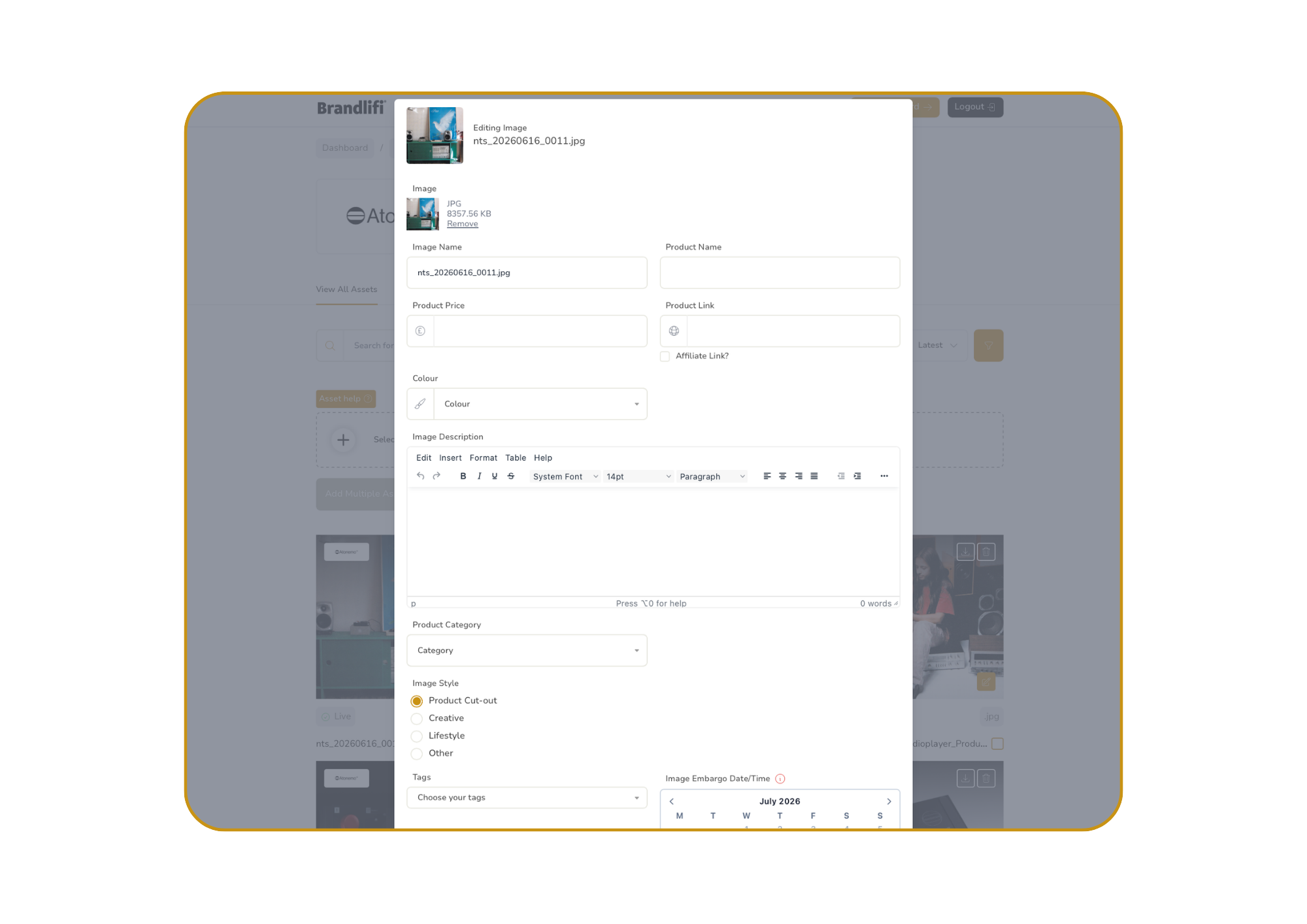 Screenshot of an online asset management platform with a focus on a modal dialog displaying image details, including image preview, filename, product name, price, link, color, description, category, style, tags, and embargo date, on a blue and yellow