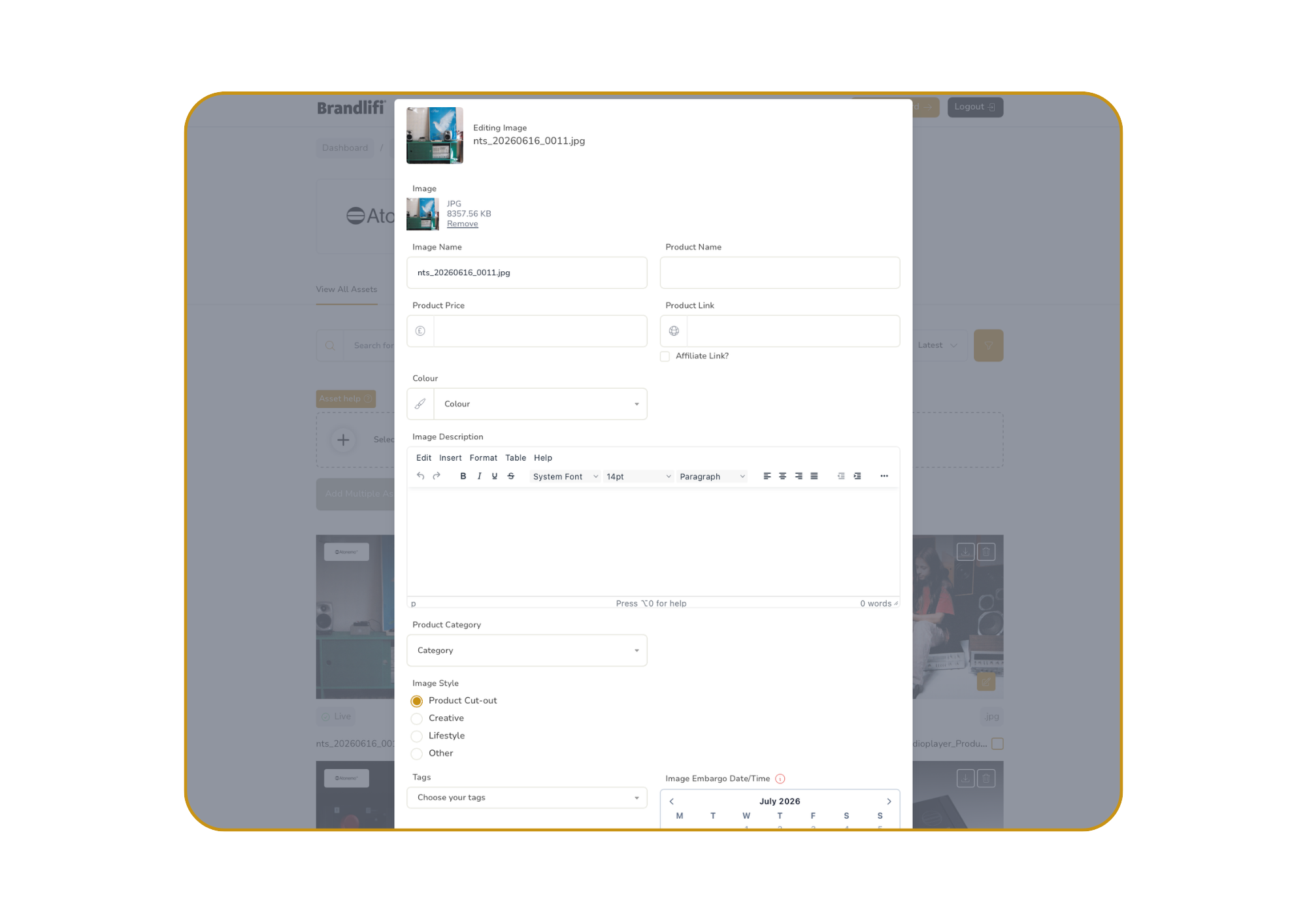 Screenshot of an online asset management dashboard with a pop-up window displaying image details and product information.