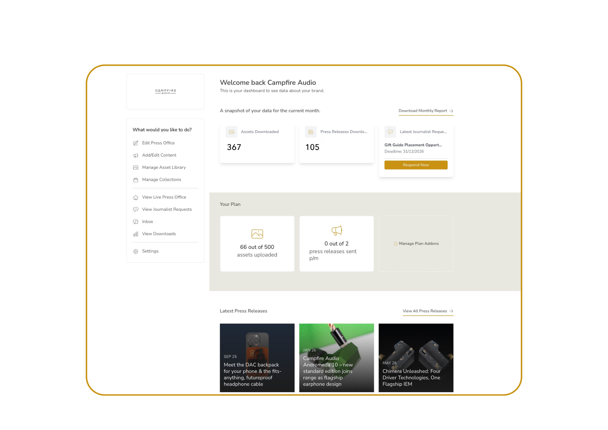 Screenshot of a digital dashboard for Campfire Audio with various data metrics, options for managing assets, journalist requests, press releases, and recent press release articles, all displayed on a white background with a yellow border.