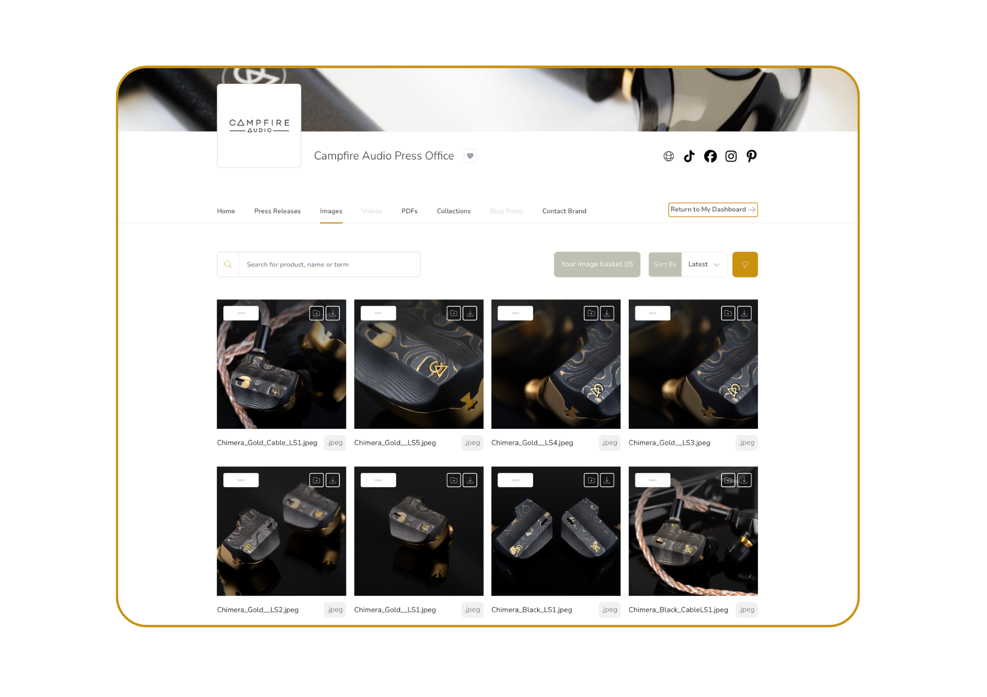 Screenshot of the Campfire Audio press office webpage, showing a dark-themed environment with images of high-end audio cables, including gold and black versions, organized in a grid.