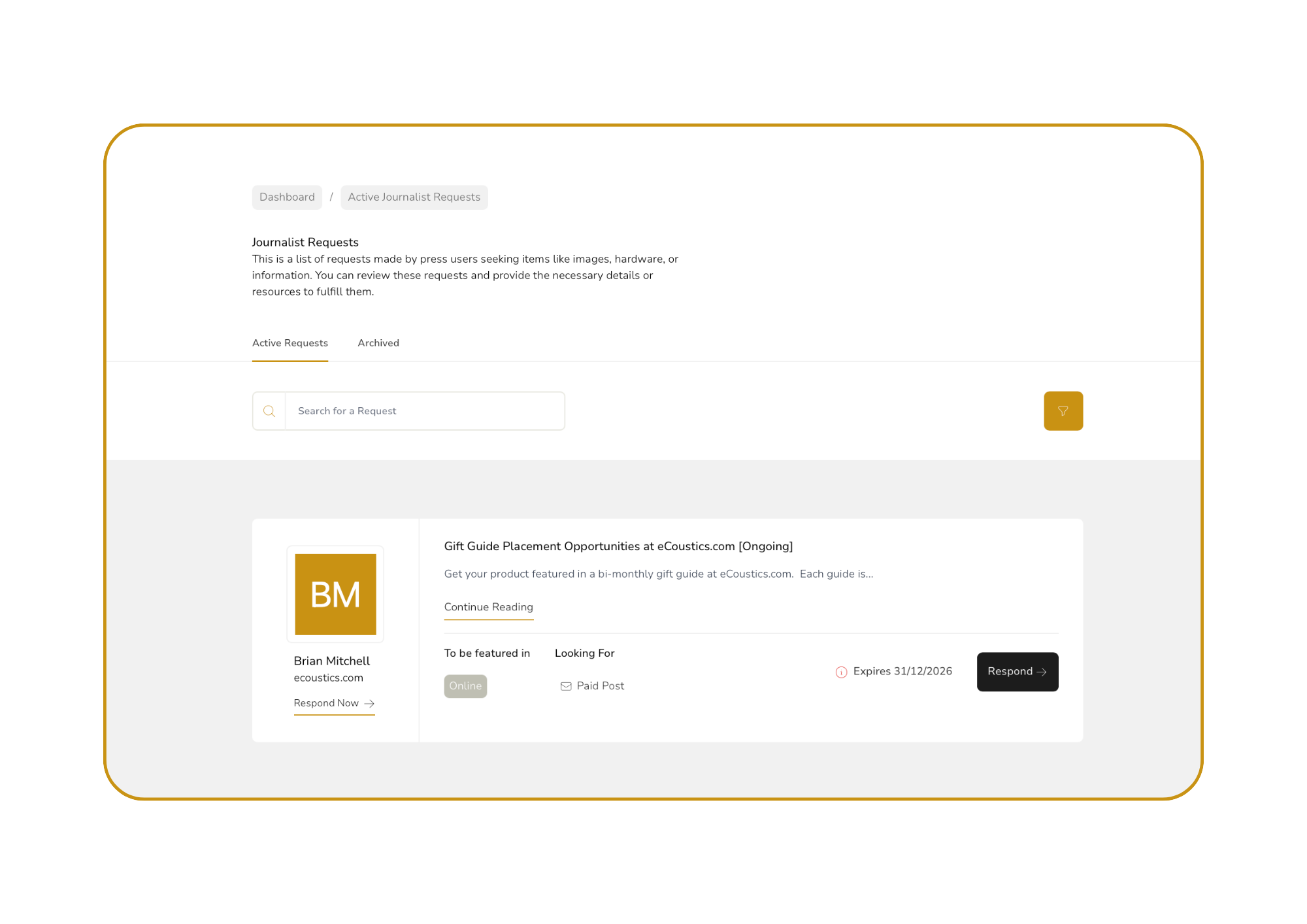 Screenshot of an online dashboard page titled 'Active Journalist Requests'. It features a search bar, a filter icon, and a list of requests including one for a person named Brian Mitchell with a profile picture showing initials 'BM'. The requests mention ongoing opportunities at 'eCoustics.com' and include details such as response buttons and expiration date.