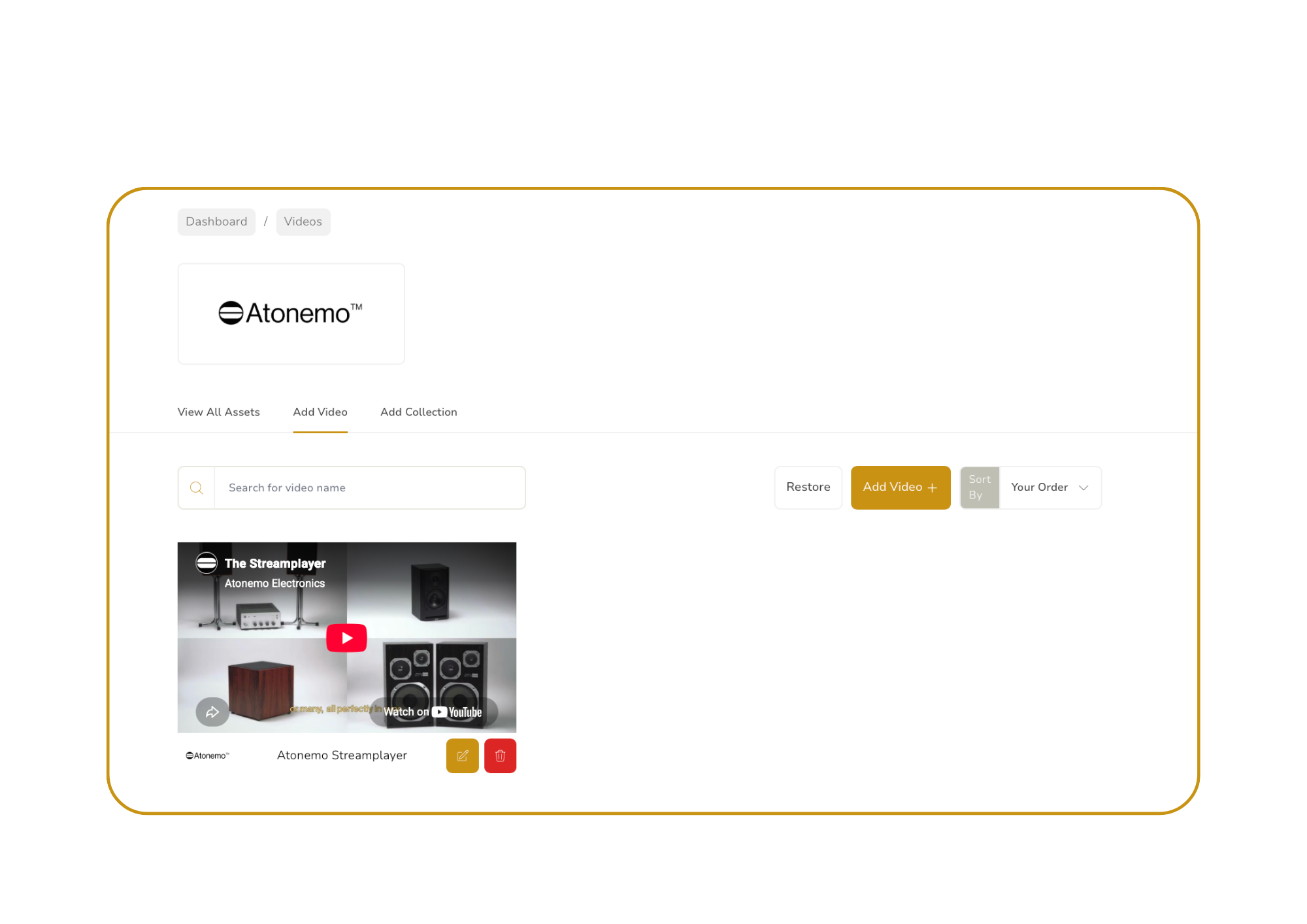 Screenshot of the Atonemo streaming platform interface showing a video player with a YouTube video and options to add videos or manage collections.