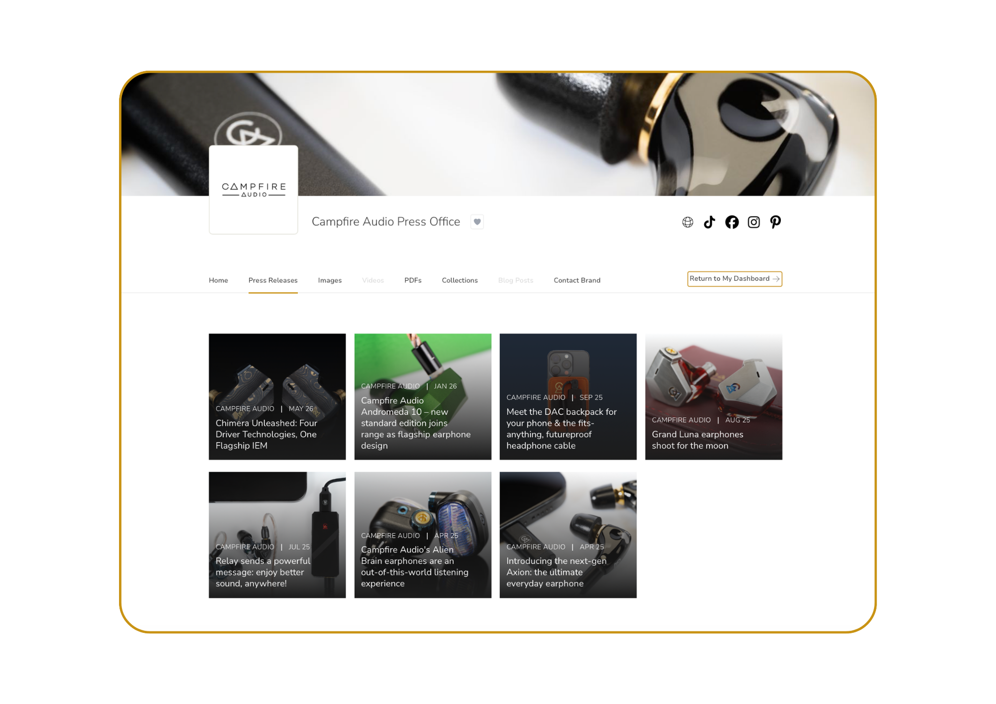 Screenshot of the Campfire Audio press office webpage showcasing various articles about earphones and audio equipment.