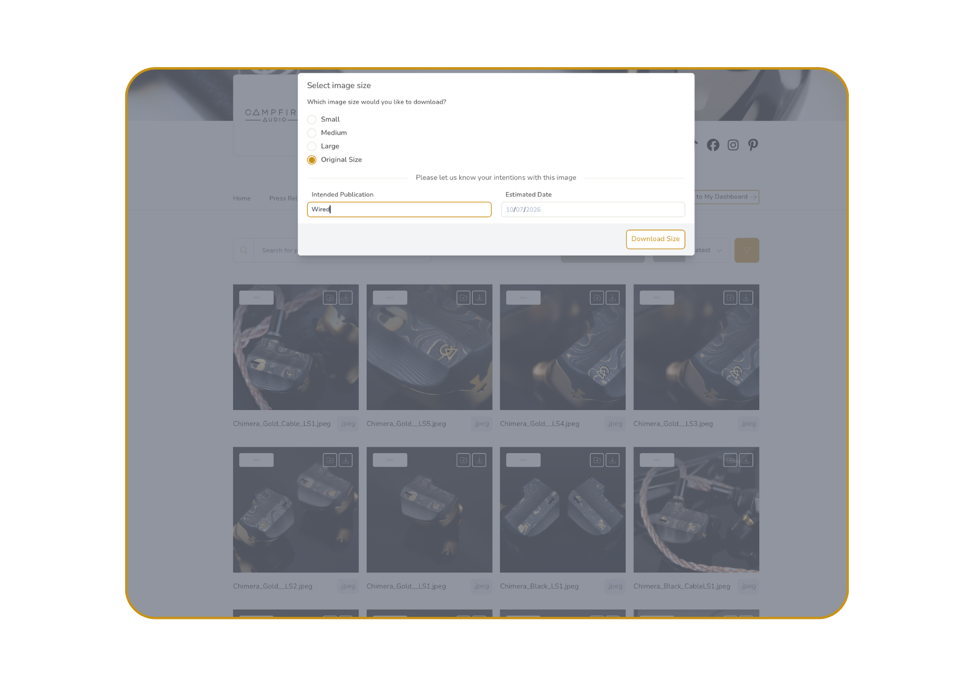 Screenshot of a website page displaying a pop-up window for selecting image download size, with options for small, medium, large, or original size, and a section to input intended publication and estimated date, over a background of a gallery of imag