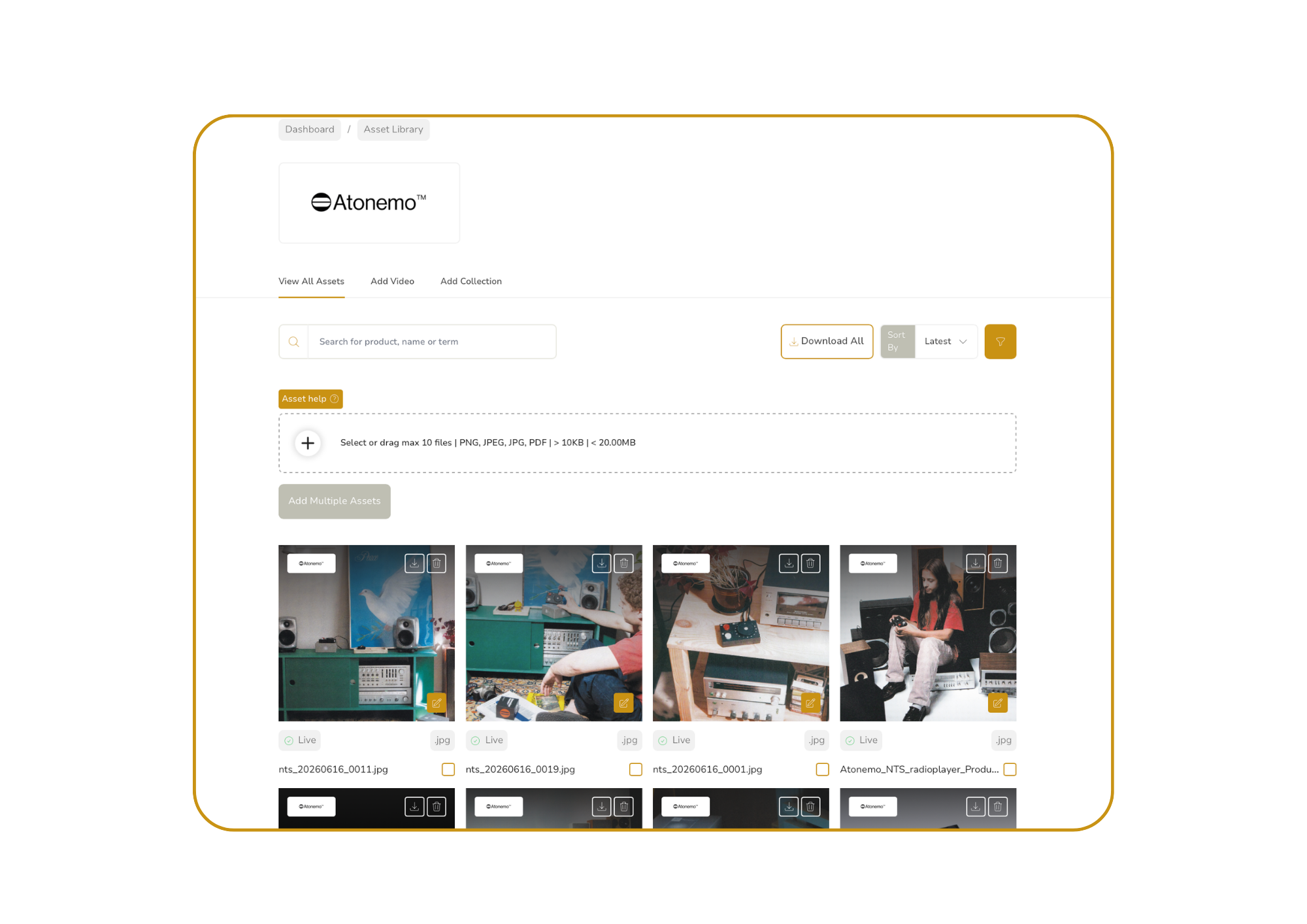 Screenshot of a digital asset management interface displaying a gallery of photos related to sound equipment and computer hardware, with options to download, delete, or edit each image.