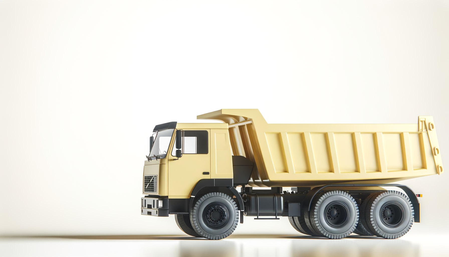 A beige dump truck with black wheels is positioned on a plain white background.