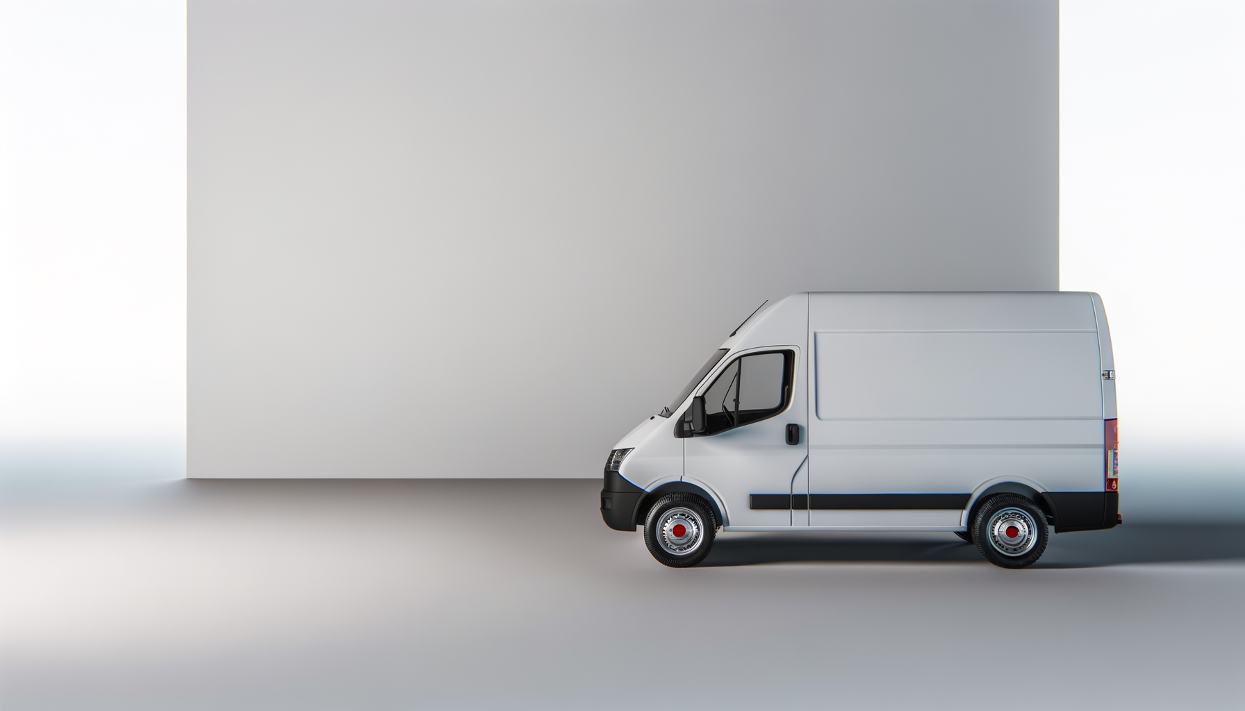A white delivery van parked next to a plain gray wall.