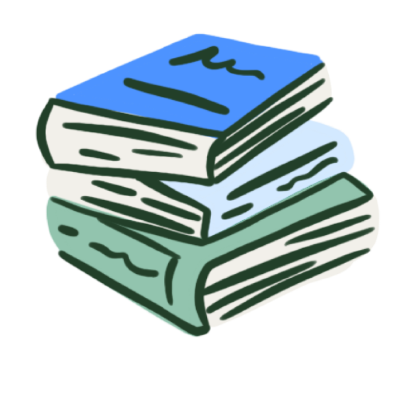 Stack of three colorful books with minimalistic line art style.