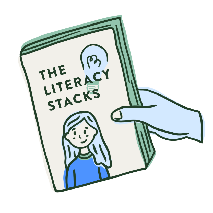 A hand holding a book titled "The Literacy Stacks" with the company logo on the cover.
