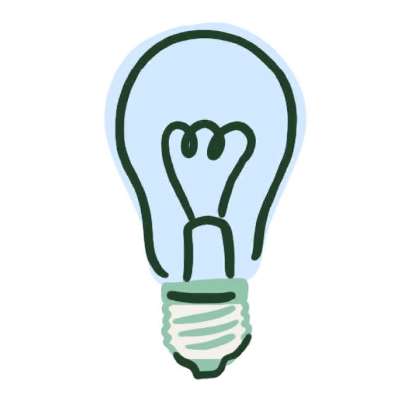A simple illustration of a glowing light bulb with a drawn filament inside.