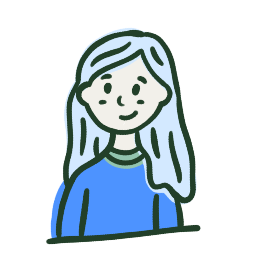 A cartoon drawing of Claire wearing a blue shirt.