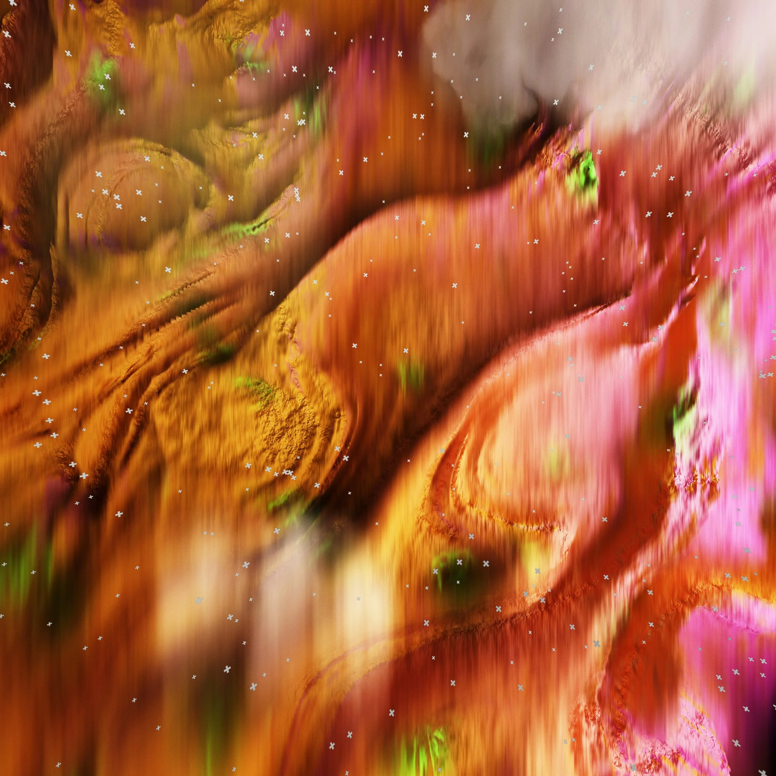 Abstract digital artwork with vibrant orange, pink, green, and brown swirling patterns and small white and gray dots.