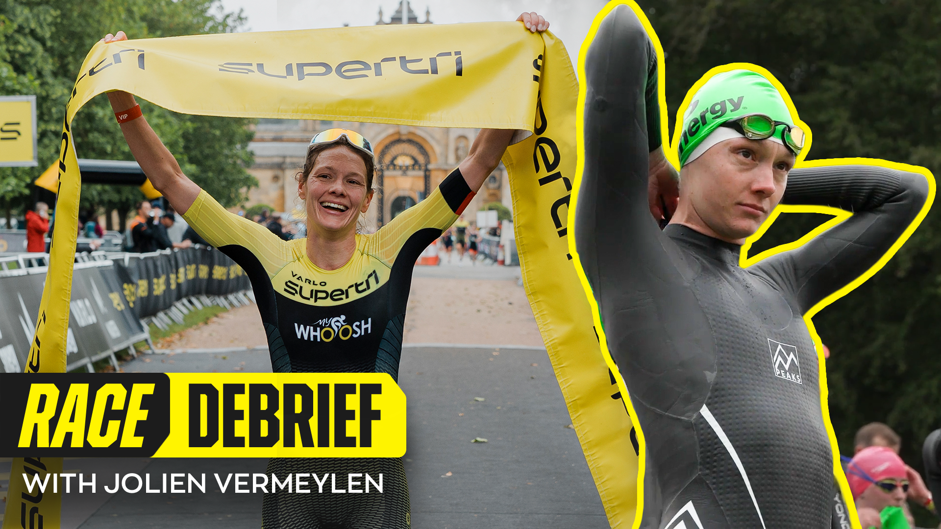 Two female athletes, one smiling and holding a yellow banner with 'supertri' logo above her head, the other adjusting her goggles, both in athletic race gear, with a crowd and trees in the background, at a sporting event.