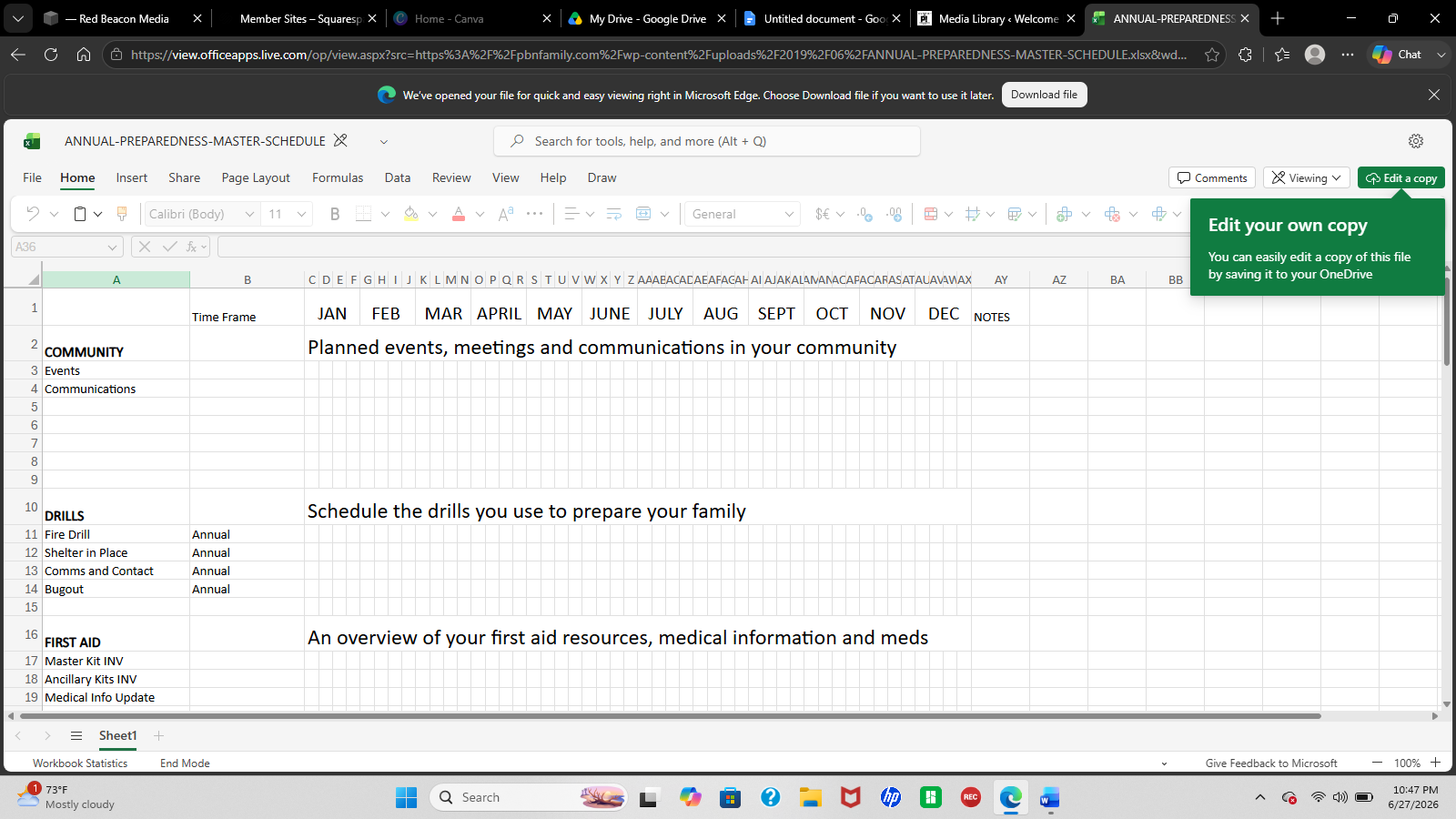 Annual Preparedness Master Schedule