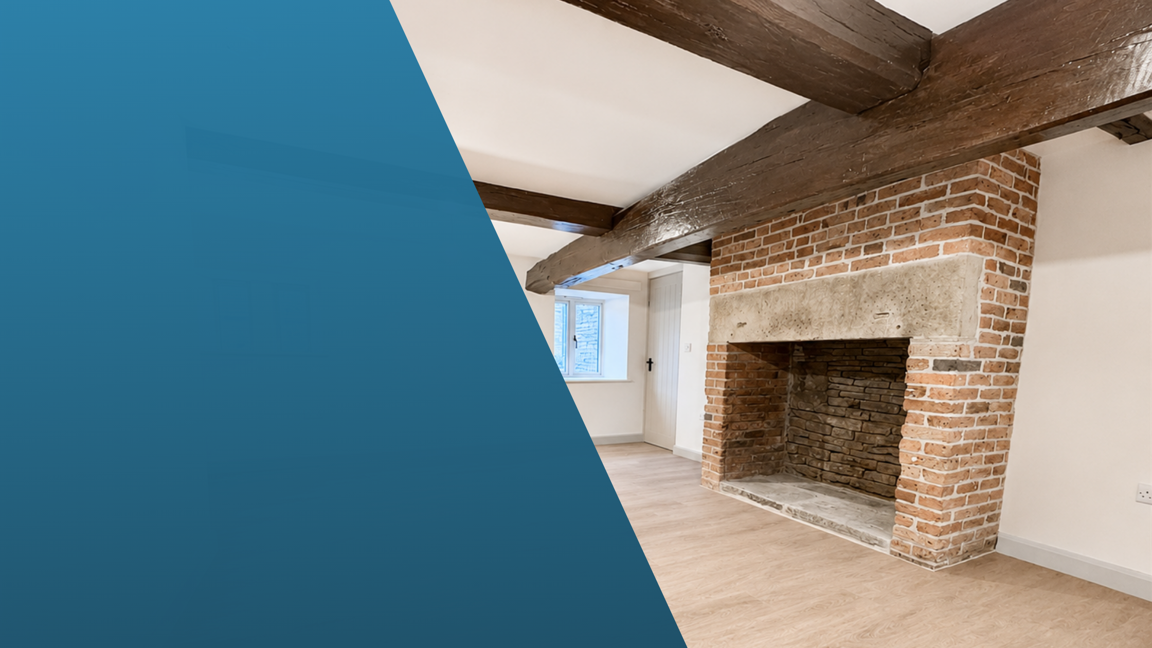 Completed renovation of a traditional property featuring exposed timber beams, restored brick fireplace and modern interior finishes.