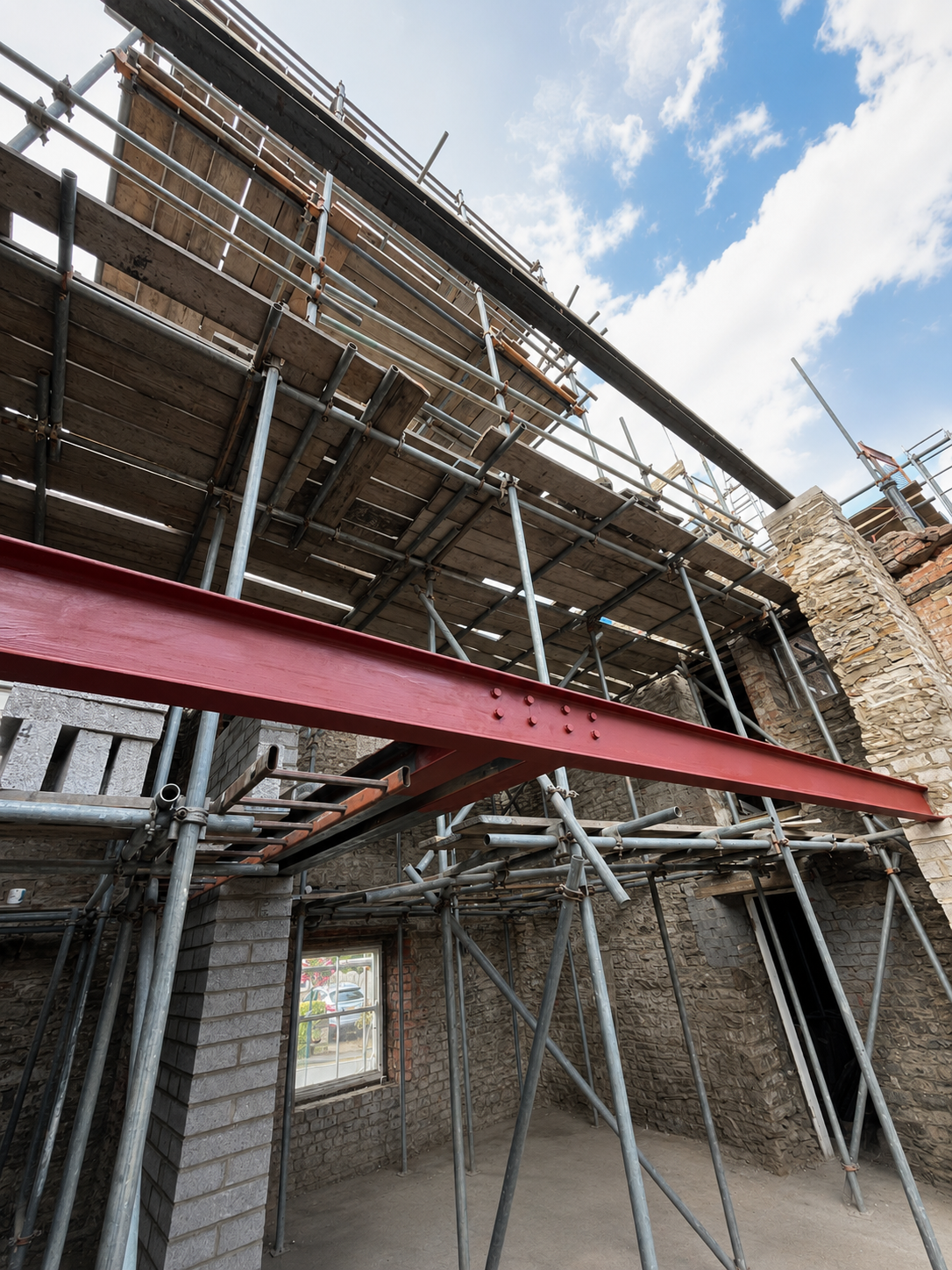 Structural steel beams installed to support the new apartment layouts.