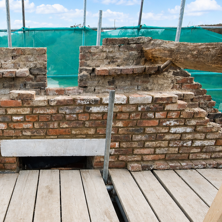 Traditional brick and stone masonry repairs completed during the barn restoration.