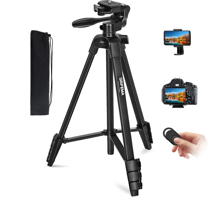 GRIFEMA Tripod 55 inch /140cm, Foldable Aluminum Lightweight Phone Camera Tripod Stand with Wireless Remote Shutter, Phone Holder & Bag