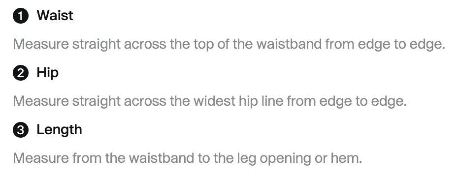 Text instructions for measuring waist, hip, and length of a person, including how to measure each and their definitions.