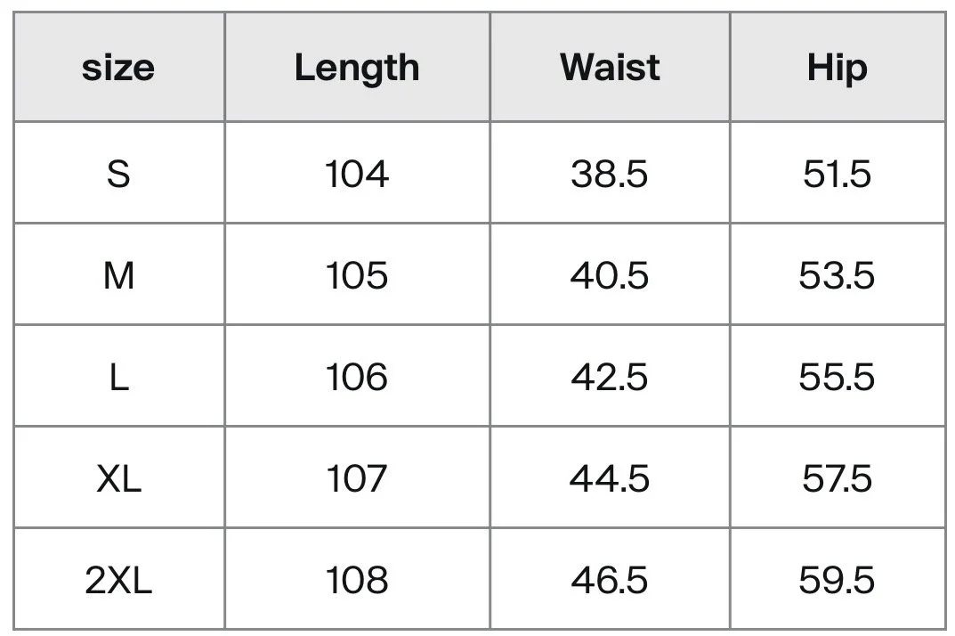 Size chart showing measurements for small to 2XL, including length, waist, and hip measurements.