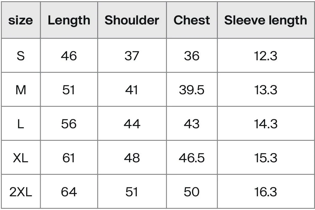Size chart for clothing with measurements for S, M, L, XL, and 2XL sizes, including length, shoulder width, chest circumference, and sleeve length.