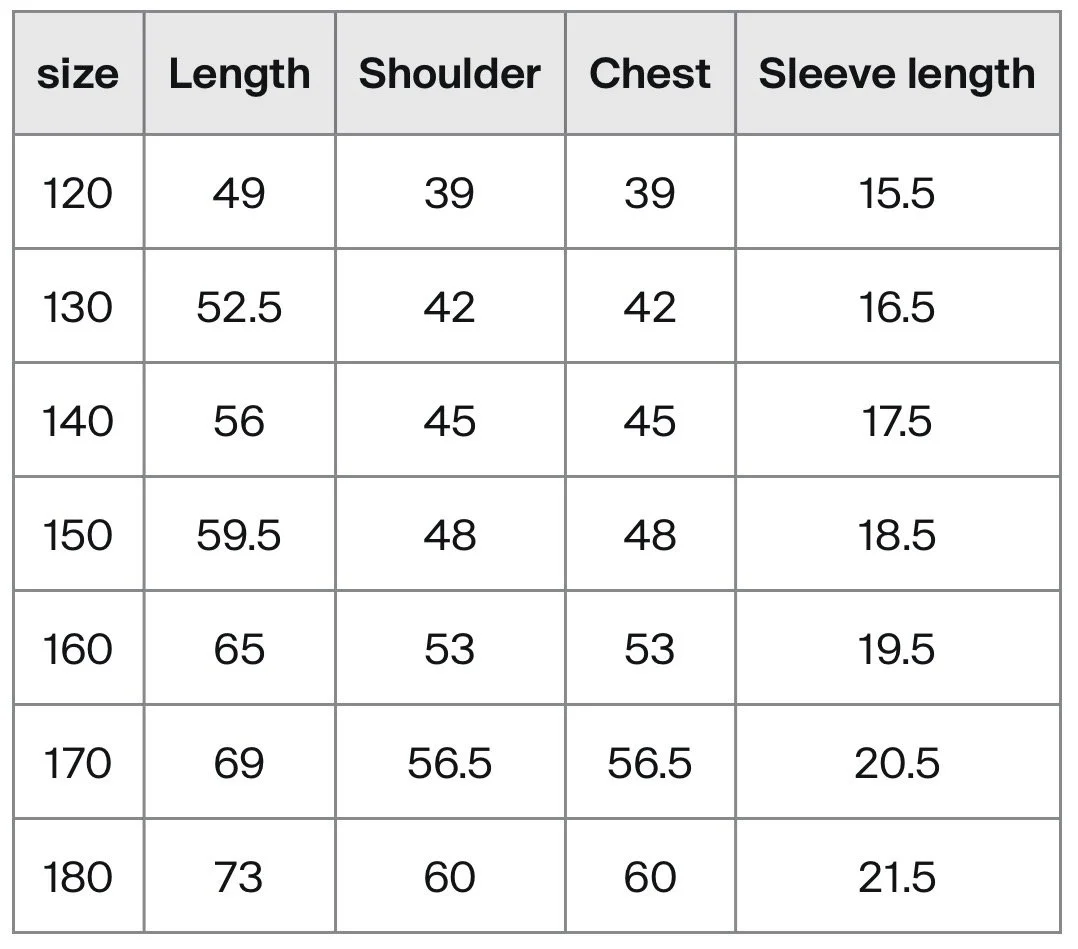 Clothing size chart with measurements in inches for size 120 to 180, including length, shoulder, chest, and sleeve length.