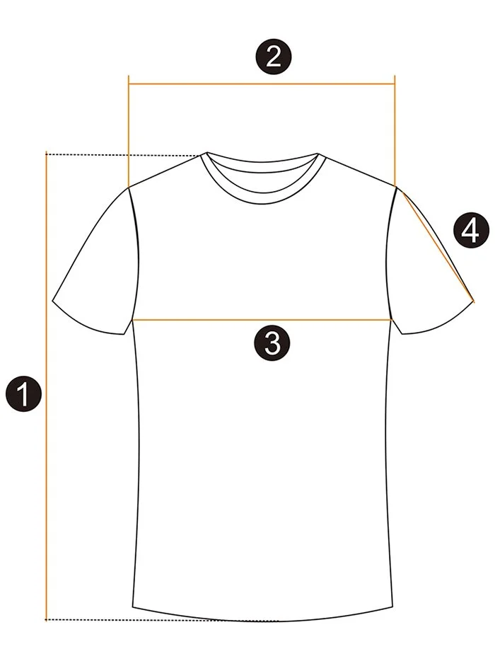 Diagram of a T-shirt with labeled measurement areas for length, collar width, chest width, and sleeve length.