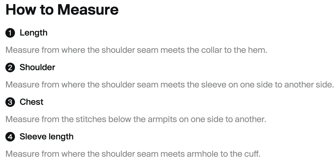 Instructions on how to measure different parts of clothing, including length, shoulder, chest, and sleeve length.