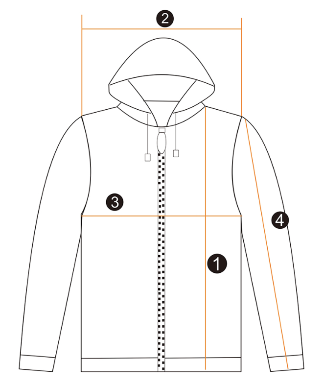 Line drawing of a hoodie with numbered parts indicating measurement areas: 1. Front length, 2. Hood width, 3. Chest width, 4. Sleeve length.
