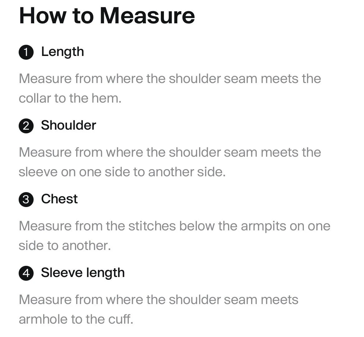 Instructions for measuring clothing, including parts labeled Length, Shoulder, Chest, and Sleeve length with descriptive steps.