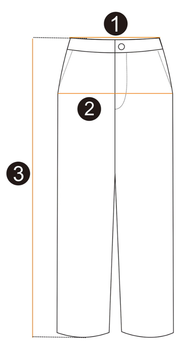 Line drawing of a pair of pants with labeled sections.