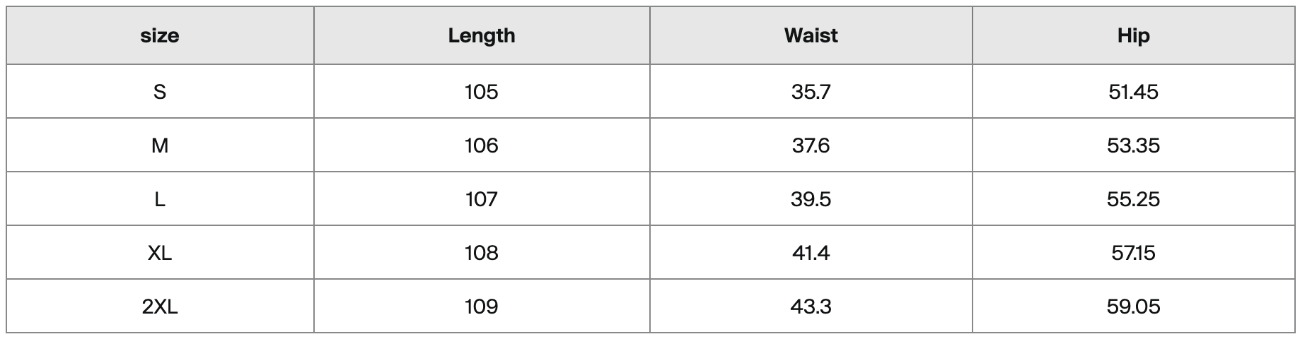 Table displaying clothing sizes with measurements for size, length, waist, and hip. Sizes range from S to 2XL with respective measurements.