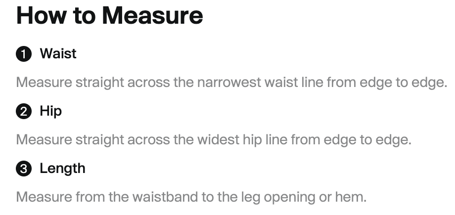 Step-by-step instructions for measuring waist, hip, and length for fitting, with numbered sections and descriptions.
