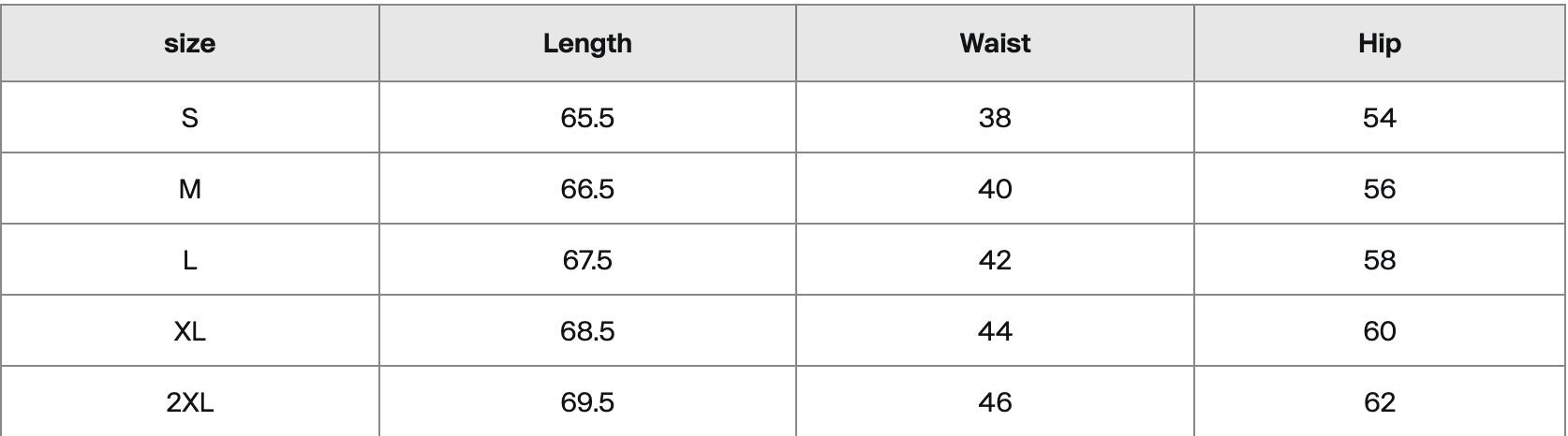 Table showing clothing sizes S to 2XL with corresponding measurements for length, waist, and hip.