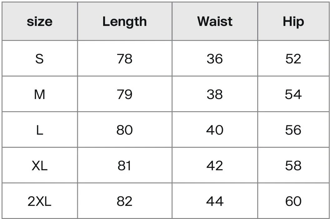 Size chart for clothing with measurements in centimeters. The chart lists sizes S, M, L, XL, and 2XL, with corresponding measurements for length, waist, and hip.