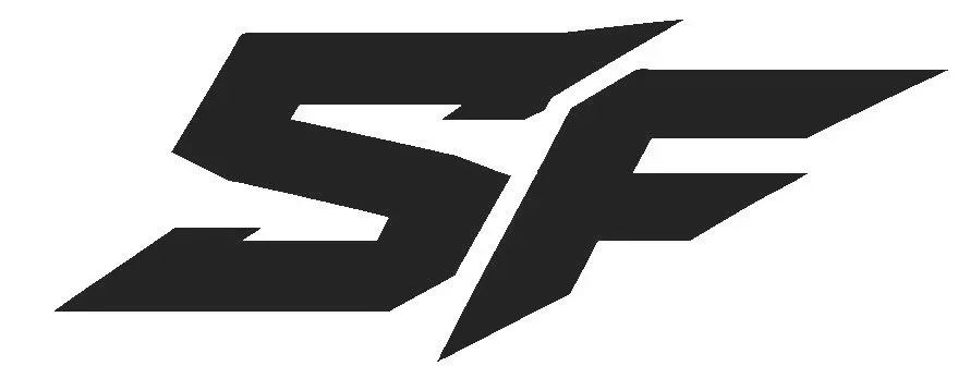 Black and white abstract logo with sharp, angular design.