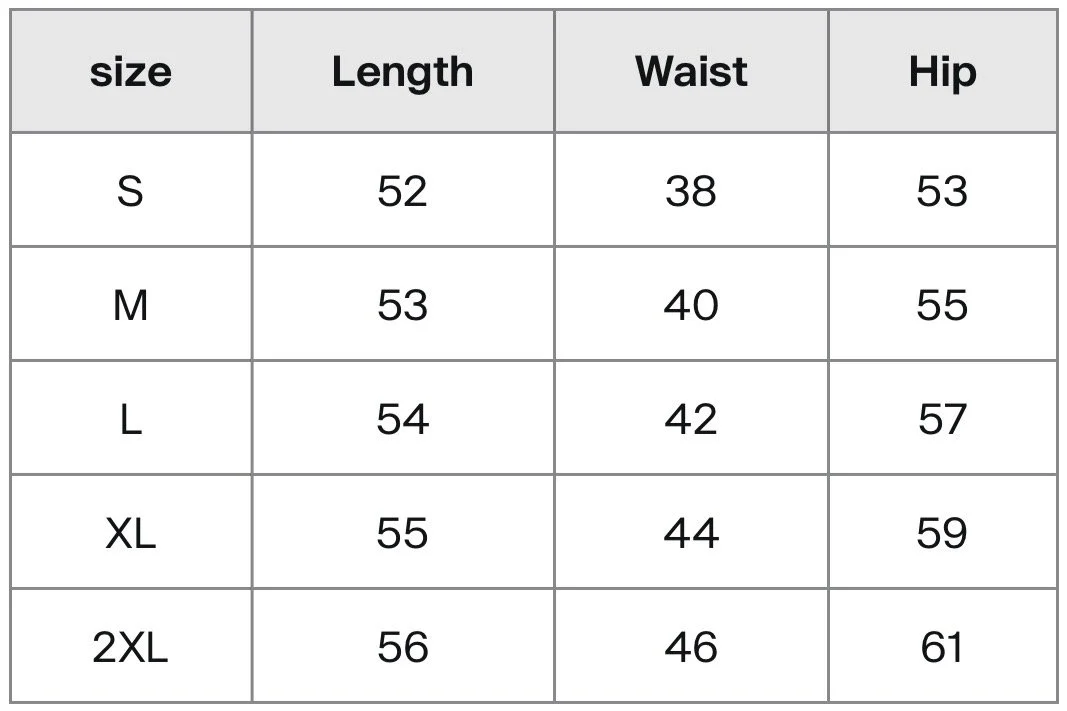 Size chart for clothing with columns for size, length, waist, and hip measurements in inches, ranging from S to 2XL.