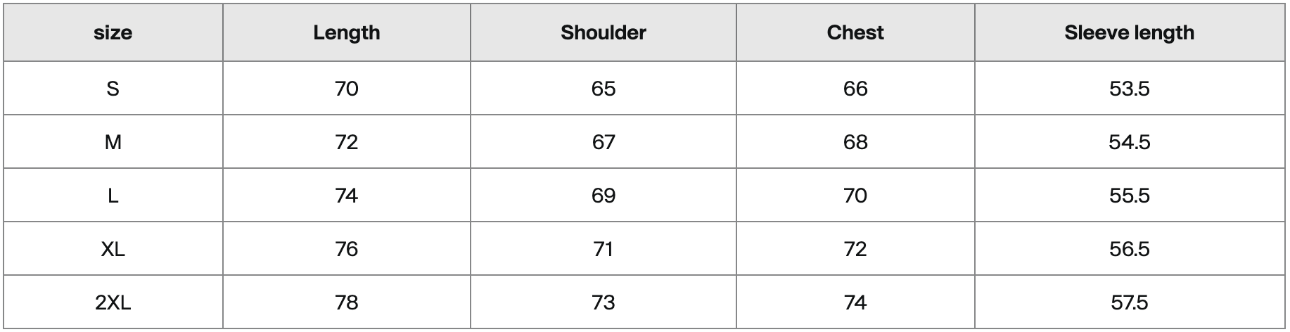Size chart for clothing with columns labeled size, length, shoulder, chest, and sleeve length, listing measurements for sizes S, M, L, XL, and 2XL.