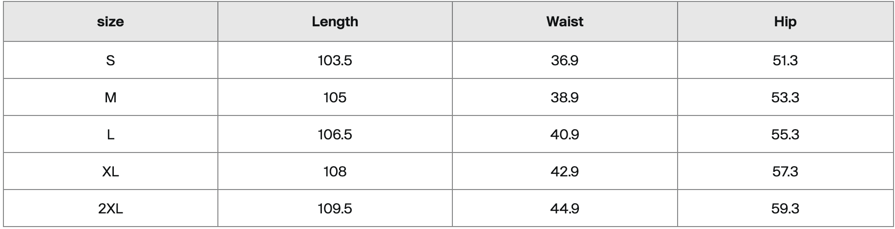 A size chart table for clothing sizes, displaying measurements for Small, Medium, Large, Extra Large, and 2XL in terms of length, waist, and hip dimensions.