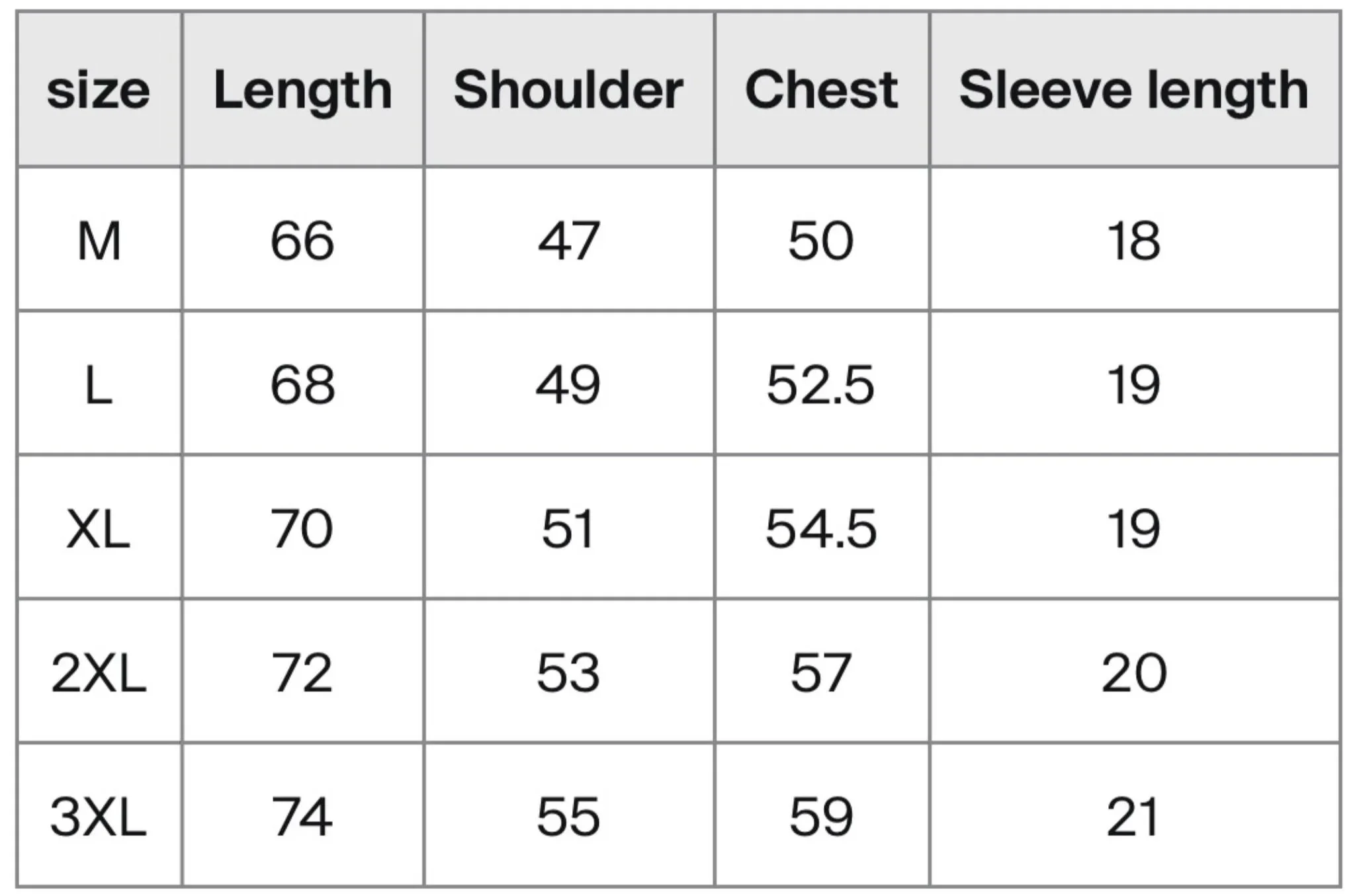 Clothing size chart in a table format, listing sizes from M to 3XL with measurements for length, shoulder, chest, and sleeve length.