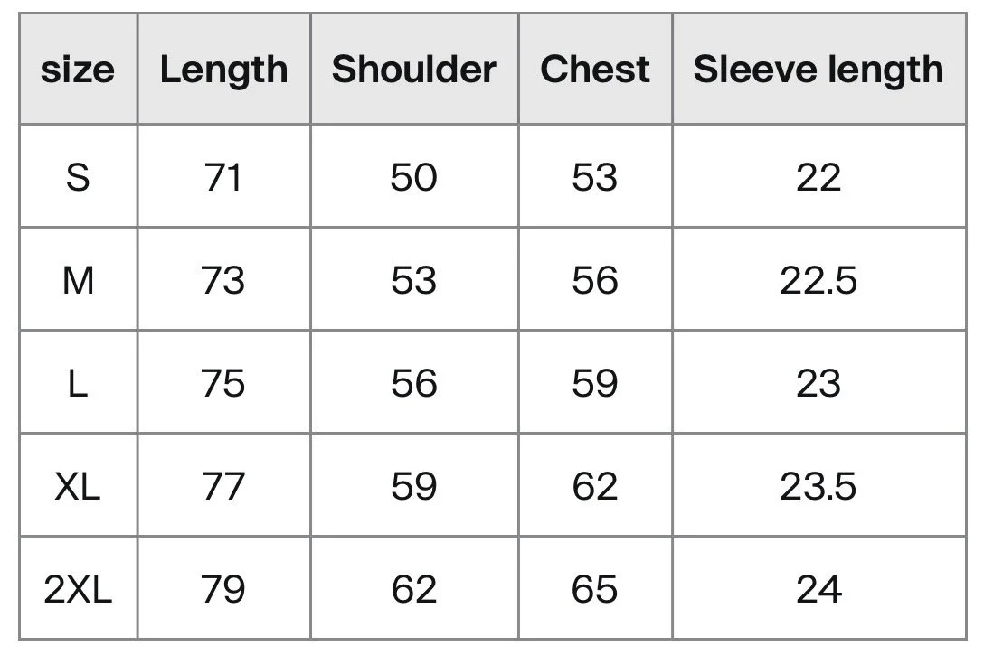 Clothing size measurement chart with columns for size, length, shoulder, chest, and sleeve length, featuring sizes S, M, L, XL, and 2XL with respective measurements.