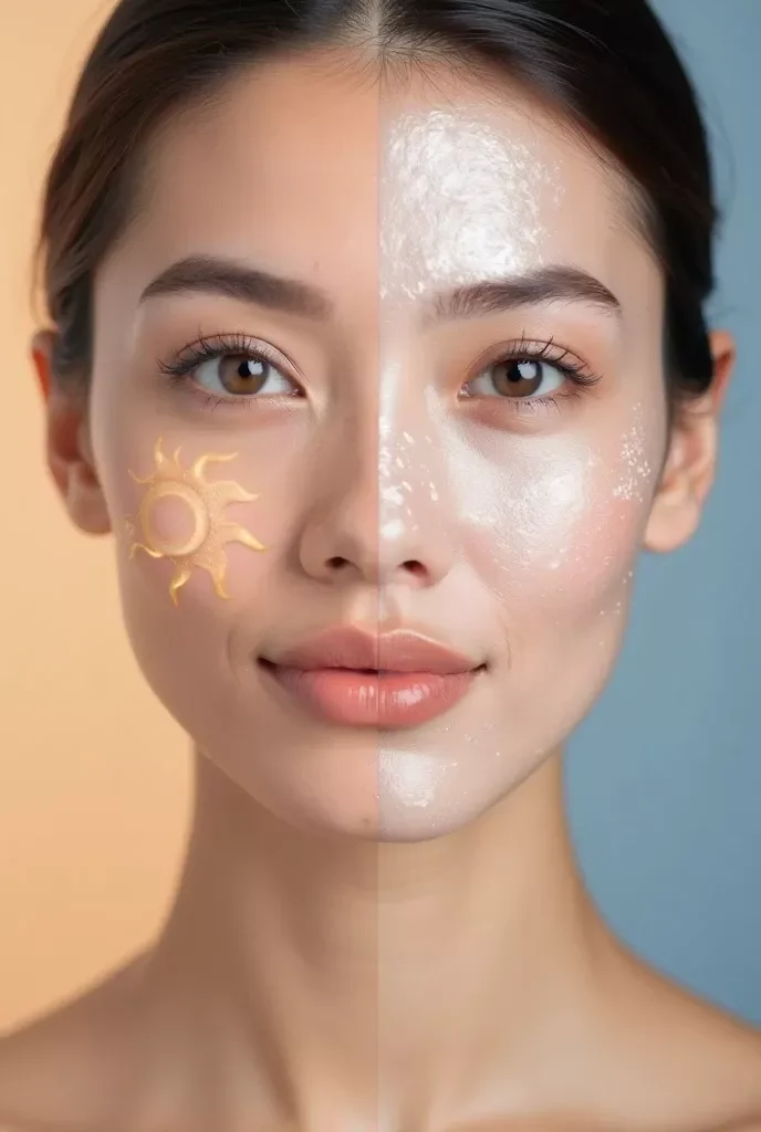 A split face of a young woman with one side showing natural skin with a yellow sun and moon painted on the cheek, and the other side showing shiny, frosted skin with a blue background.