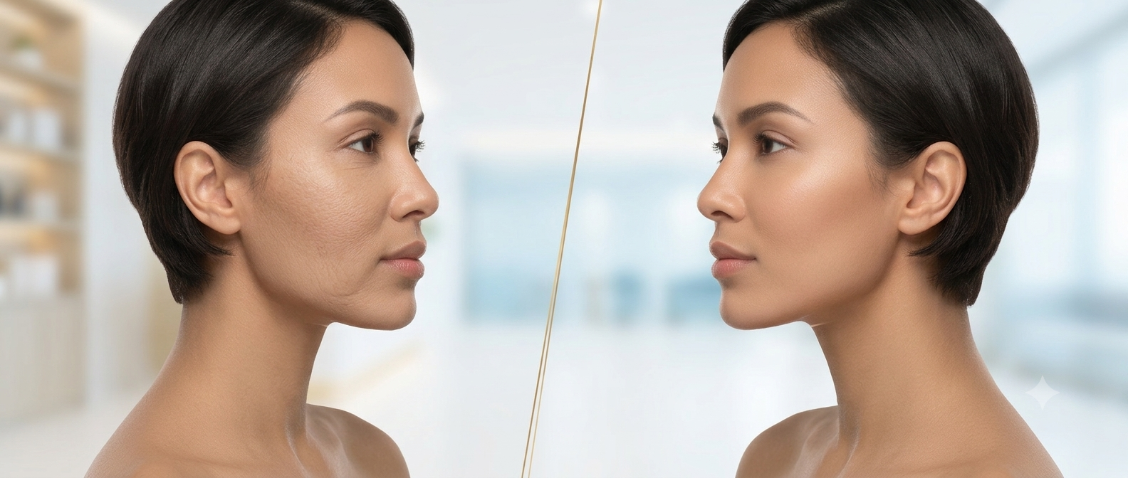 Split-screen image showing before and after photos of a woman's face, highlighting skincare or aesthetic improvements.