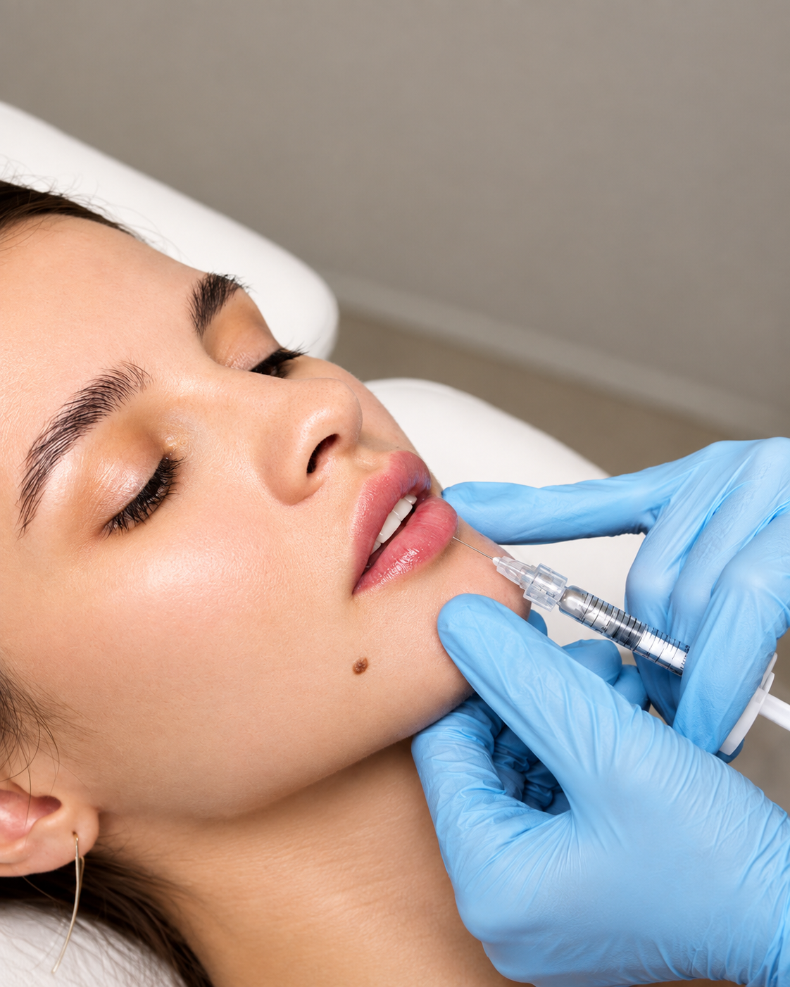 A woman lying down with her eyes closed, receiving a cosmetic injection in her lips from a medical professional wearing blue gloves.
