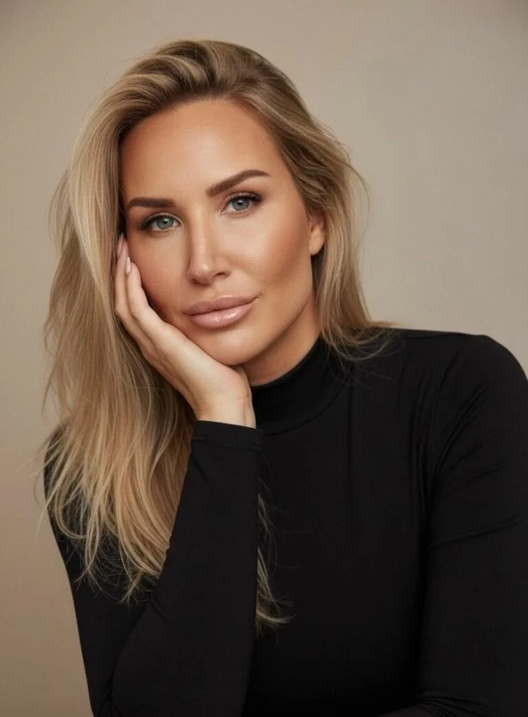 Close-up of a woman with blonde hair, blue eyes, and makeup, resting her face on her hand, wearing a black long-sleeve top against a neutral background.
