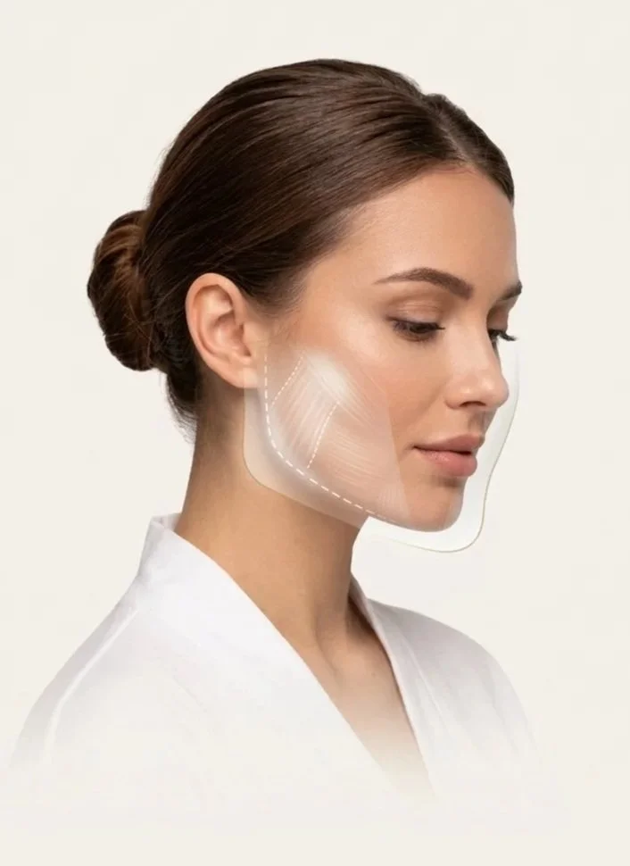 A woman with brown hair styled in a low bun, wearing a white top, has a transparent facial treatment mask with dotted lines indicating areas for skincare application on her cheek and jaw.